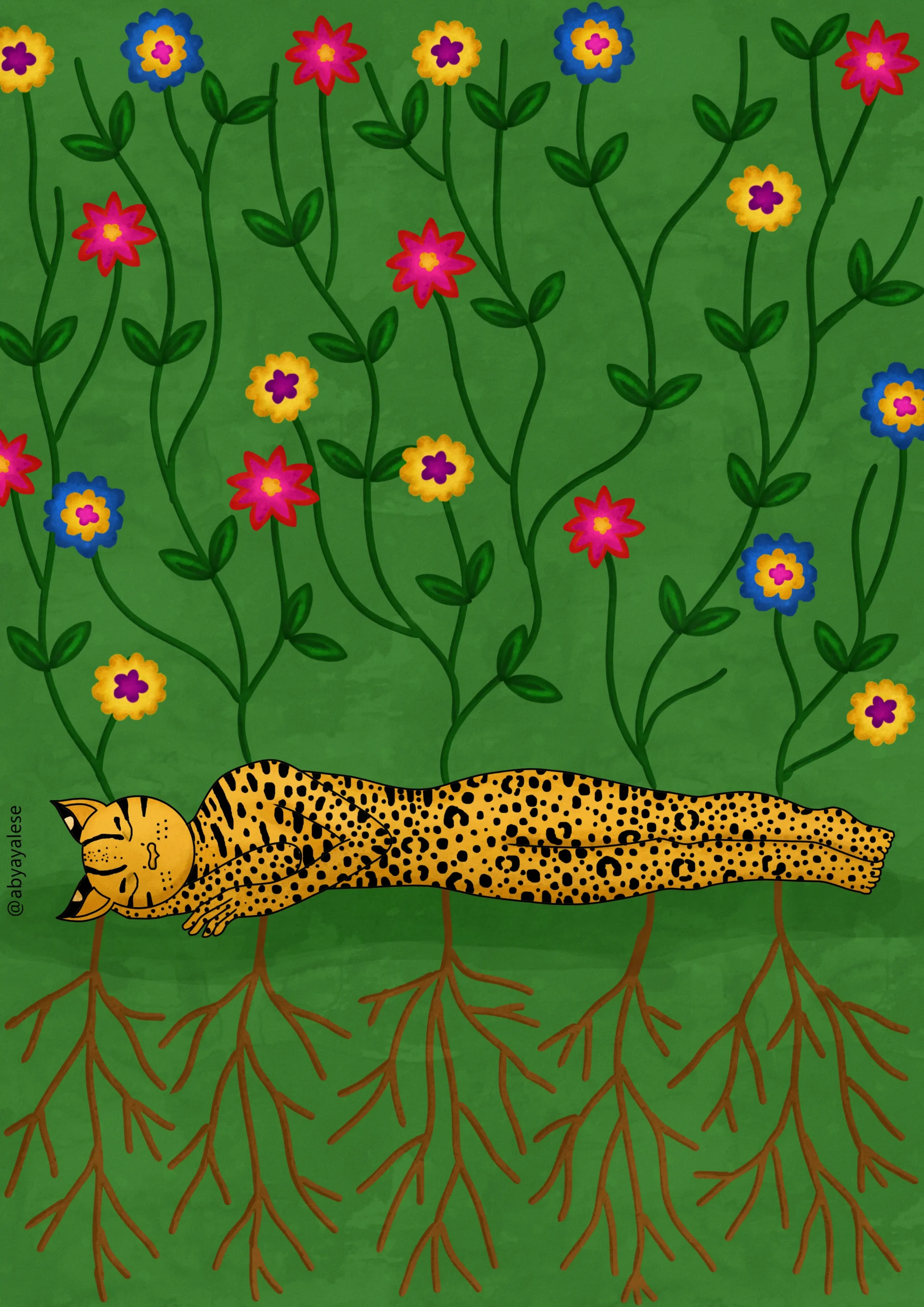 Onça descansando sob um campo de flores, com raízes crescendo abaixo, arte de Juliana Gomes (Jaguatirika)
