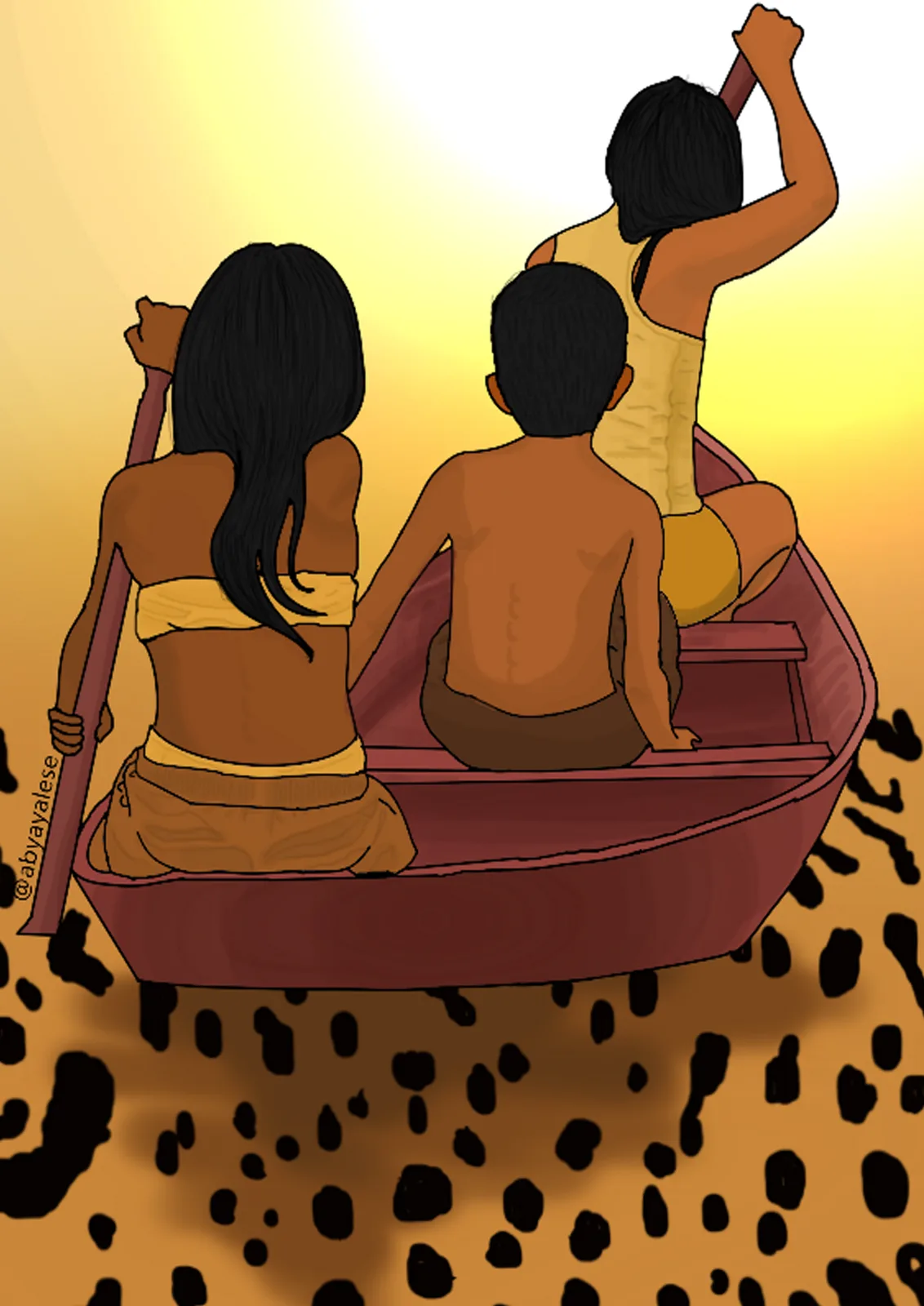 Three people paddling a canoe over jaguar skin, artwork by Juliana Gomes (Jaguatirika)