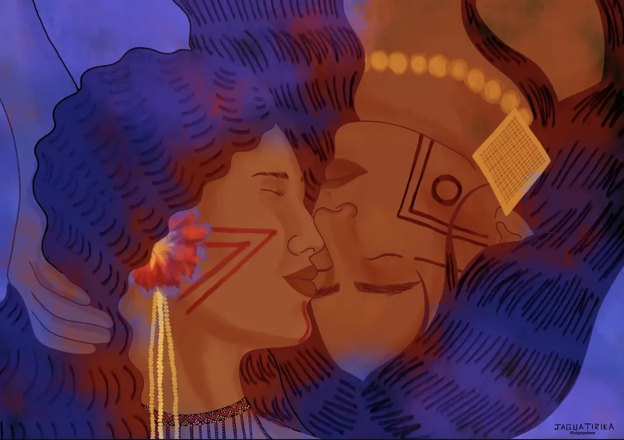 Two people in a tender embrace, artwork by Juliana Gomes (Jaguatirika)