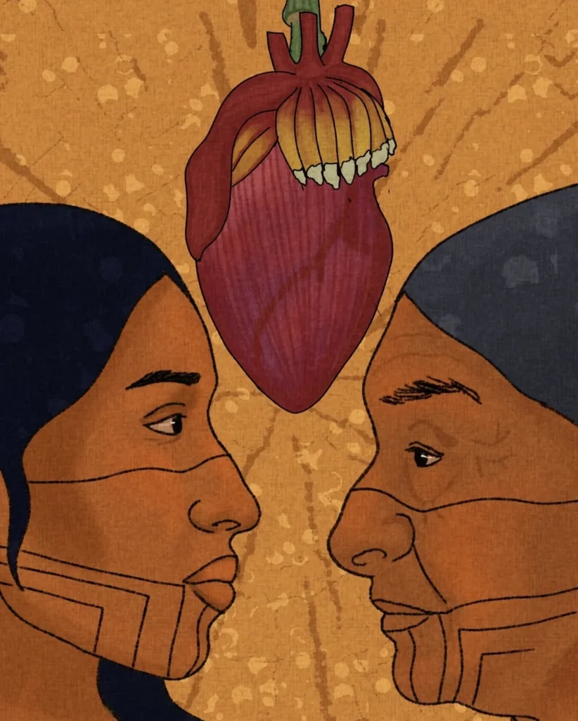 Illustration of two faces in profile facing a heart