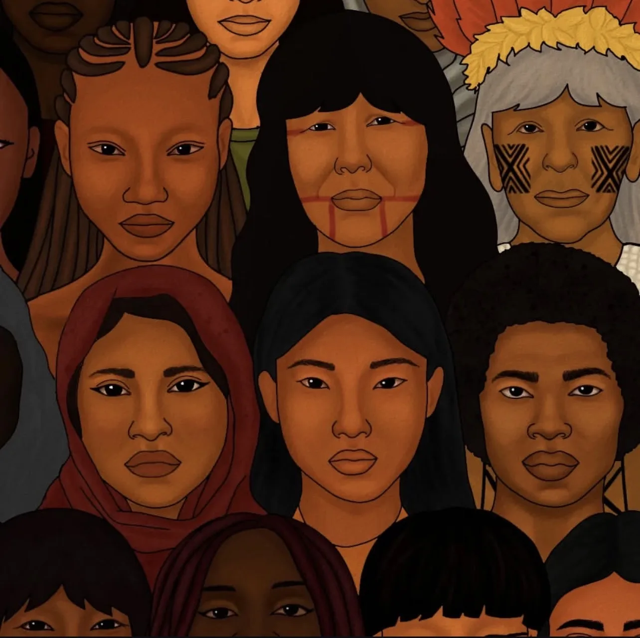 Rostros de personas indígenas, obra de Juliana Gomes (Jaguatirika)