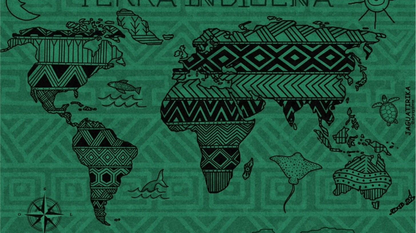 Green world map seen through an Indigenous lens of the Global South, artwork by Juliana Gomes (Jaguatirika)